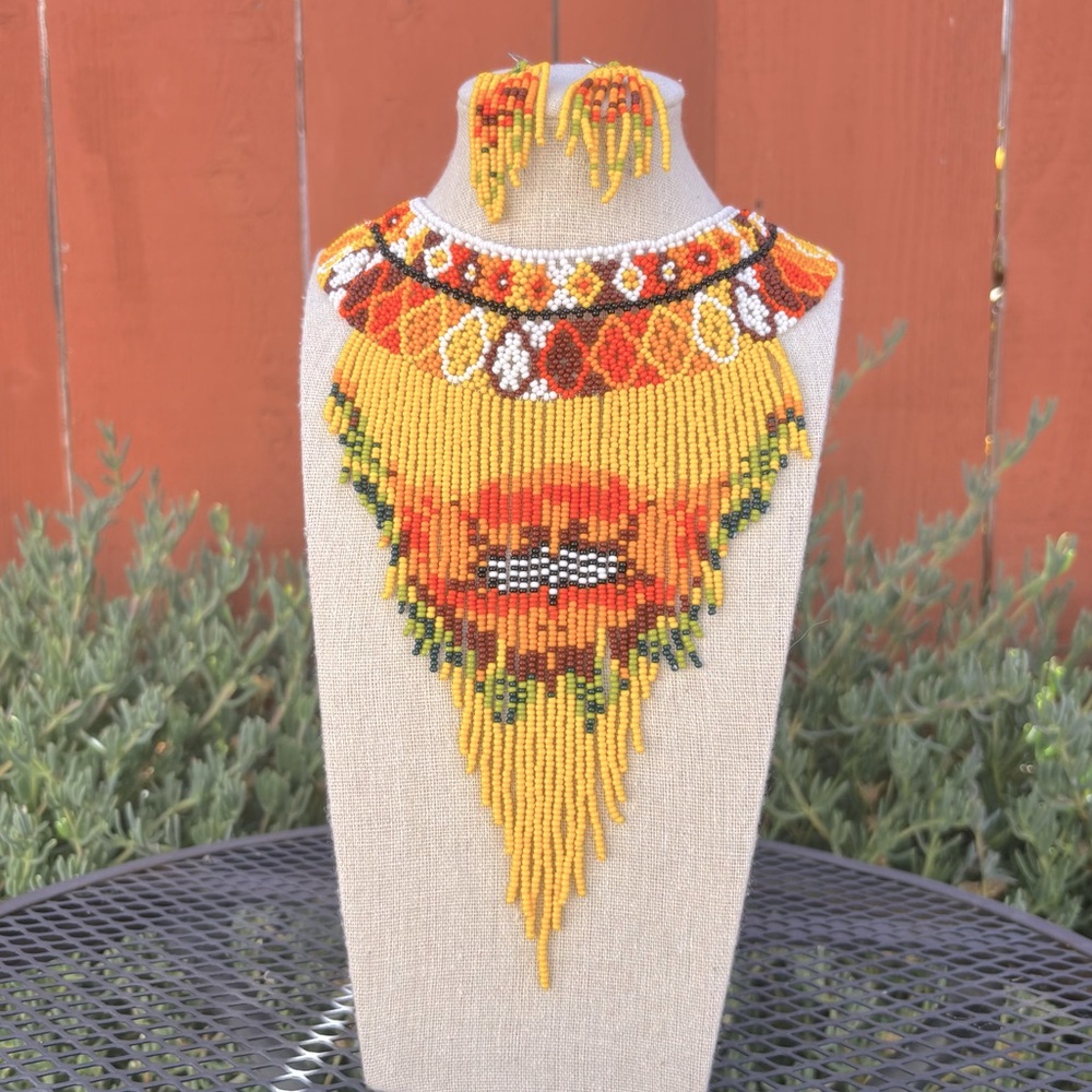 💕New Listing 💕Handmade Beaded Choker with Fringe Waterfall and Earrings